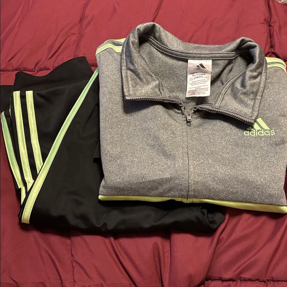 Adidas Kids matching set Jacket & pants Gray, Black, and Neon Green strips